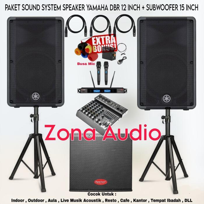 PAKET SOUND SYSTEM INDOOR OUTDOOR LIVE MUSIK SPEAKER YAMAHA DBR 12 INCH + SUBWOOFER 15 INCH AKTIF MI
