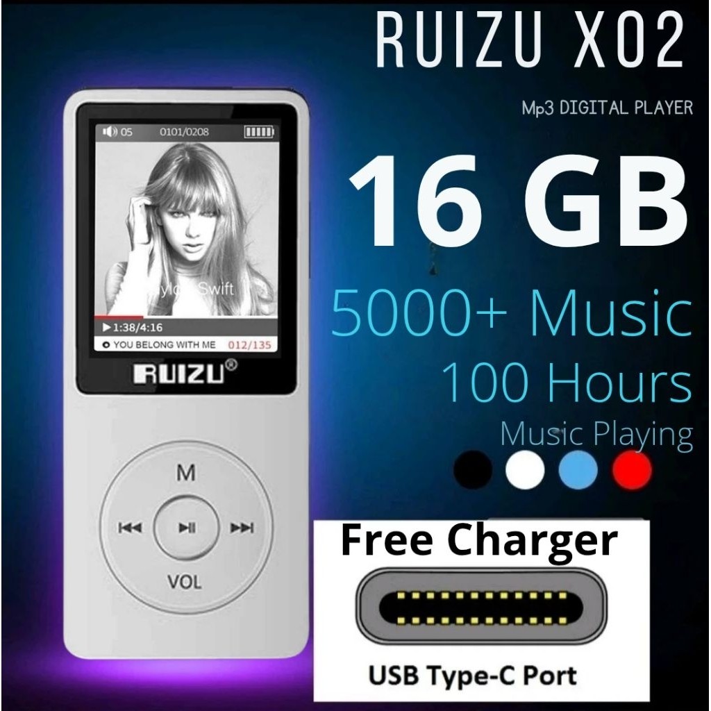 Ruizu X02 USB Type C Ultrathin MP3 Player Musik 1.8in Radio FM Rekaman Video E-book Running Walkman
