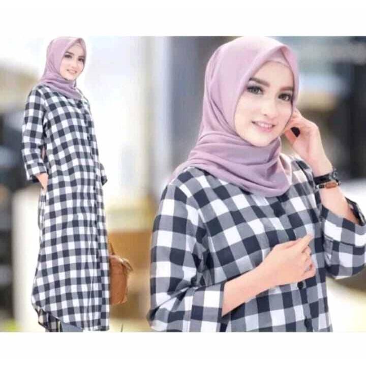 long tunik motif kotak kotak atasan baju wanita terbaru