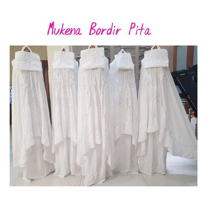 Mukena Rayon Putih Polos Bordir Pita Atasan Bali - Putih Bordir Pita