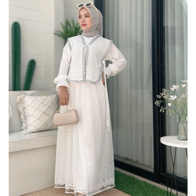 YANCSHOP joona Setrok Setelan Wanita Joona Vest Set Blazer Rok Panjang Brokat Mewah Pesta Nyaman Leb