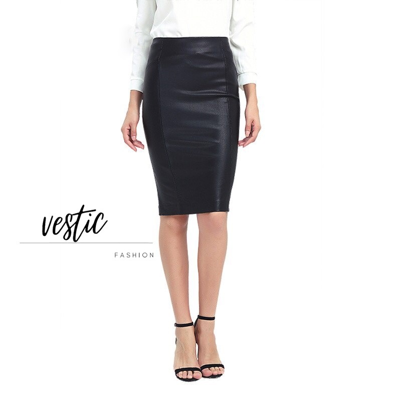 ROK SPAN MIDI BAHAN KULIT HITAM