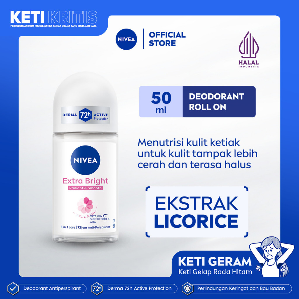 NIVEA Deodorant Roll On Extra Bright Radiant & Smooth 50ml - Deodoran wanita mencerahkan ketiak brig