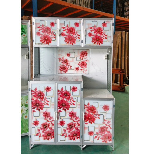 Rak Piring Kaca 3P Megicom - Lemari Piring Almunium Keramik Kaca / Rak Piring 3 Pintu / Rak Piring R