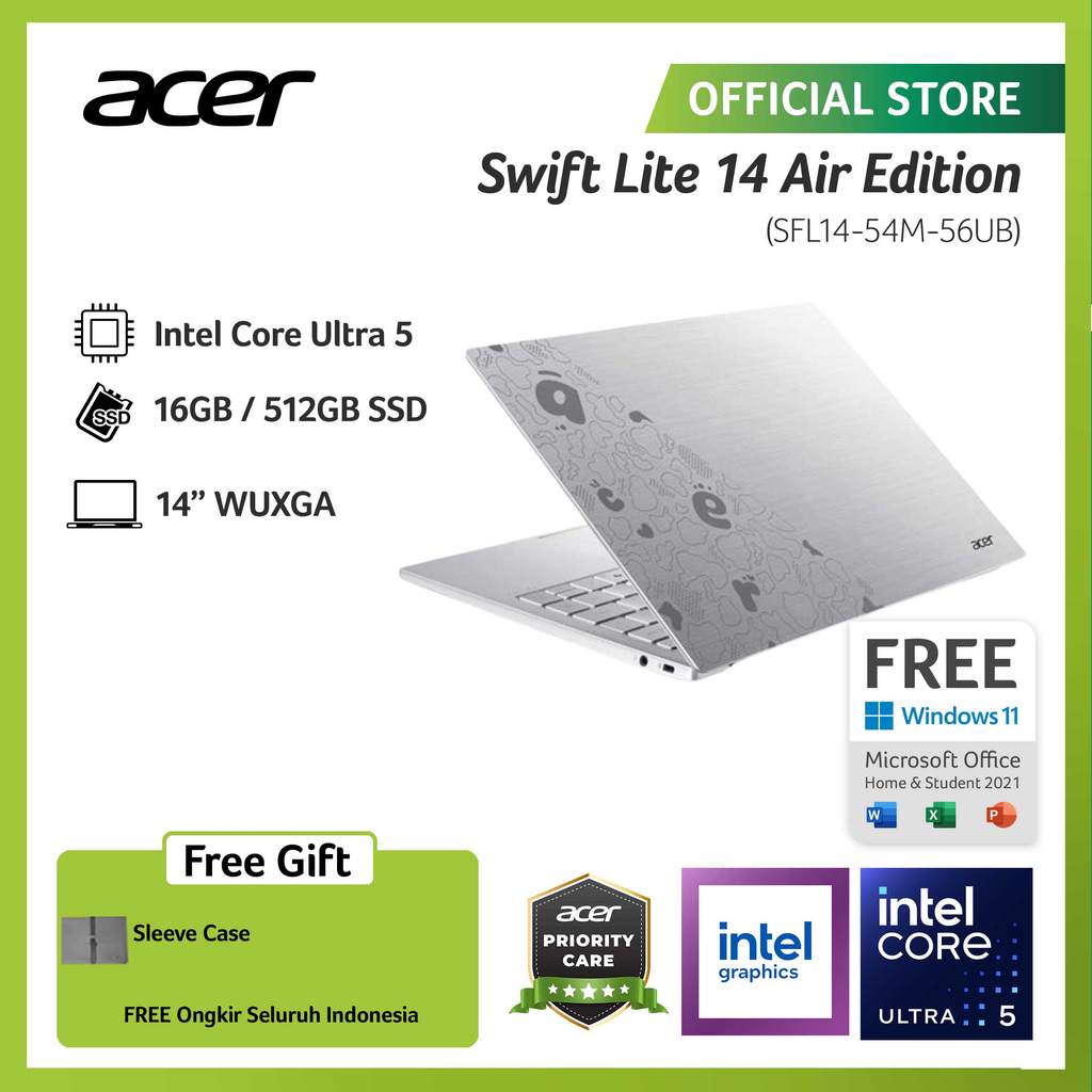 ACER LAPTOP SWIFT LITE 14 AIR EDITION SFL14-54M-56UB INTEL CORE ULTRA 5 INTEL GRAPHICS RAM 16GB STOR