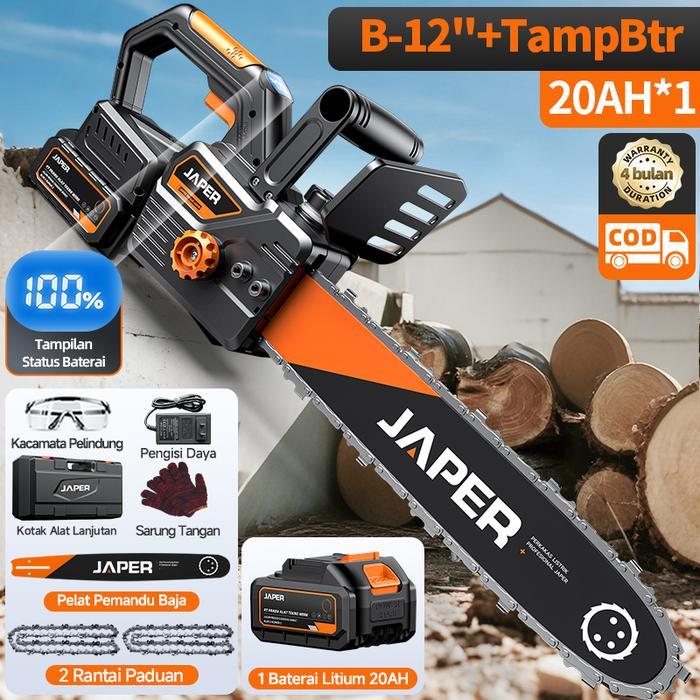 JAPER Gergaji Listrik Baterai Chainsaw 12/16 Inch Brushless Potongan Portabel kayu chainsaws - B-12"