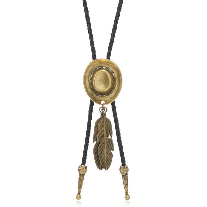(Style Mall.id) Bolo Tie Dasi Koboi Feather Hat Kalung Kulit Asli Cowboy Topi dan Bulu Men Vintage -