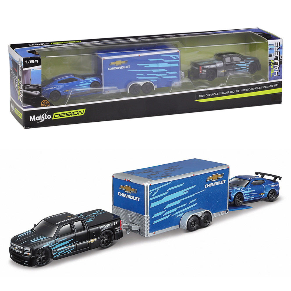 Maisto 1:64 2004 Chevrolet Silverado Ss 2016 Camaro Transport Trailer Three-car Set Diecast Model To