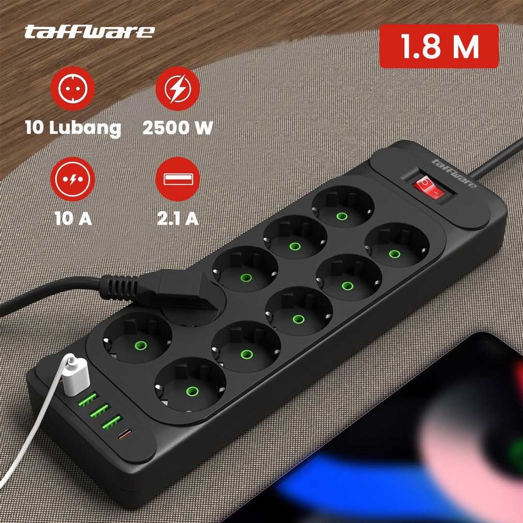 Stop Kontak Terminal Listrik 10 Lubang Kabel 1.8 Meter 10A 2500W USB Type C Tahan Panas Saklar