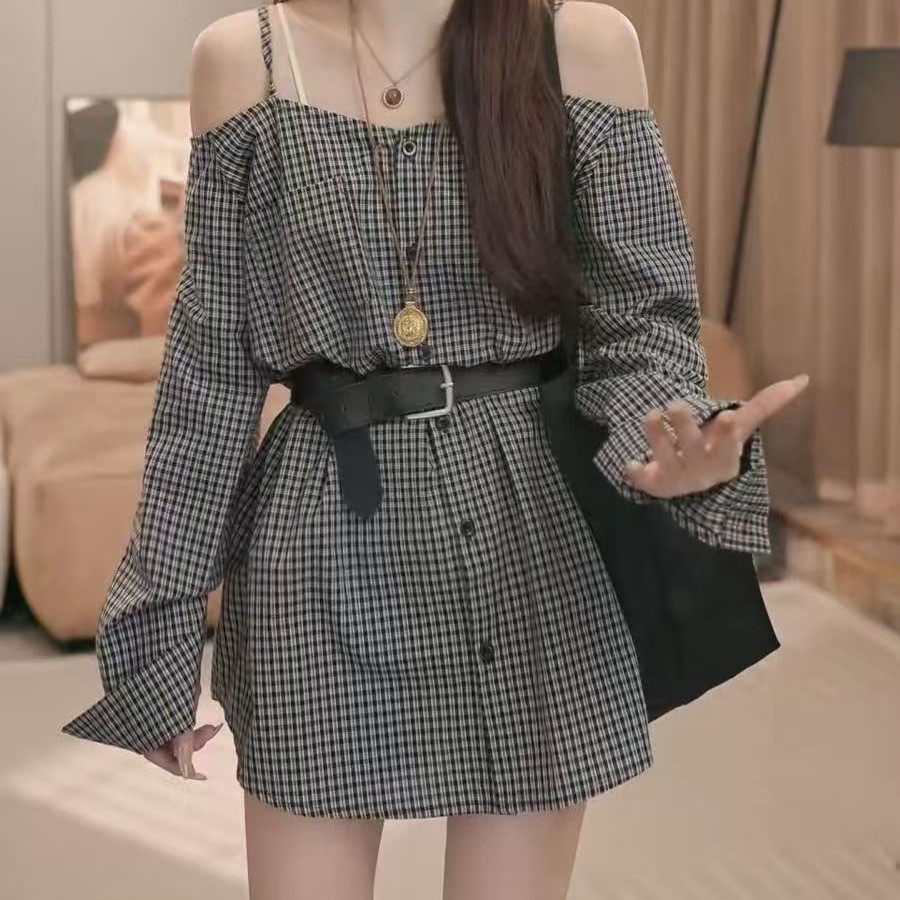 Gaun kemeja kotak-kotak off-shoulder baru untuk wanita