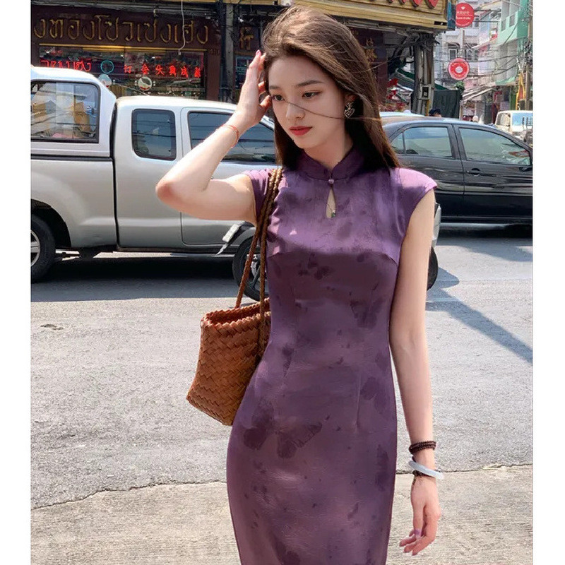 Satin Ungu Peningkatan Cheongsam Dress Pinggang Kupu - kupu Cina Baru Pas Ramping Wanita Cheongsam