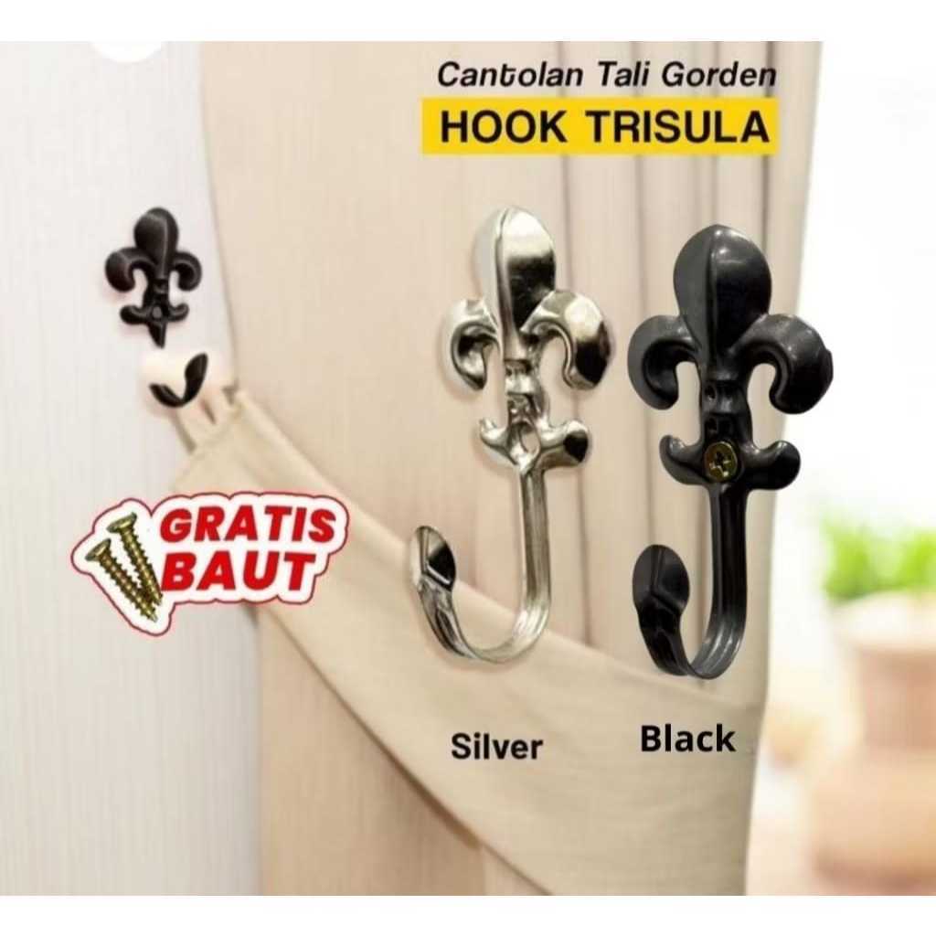 Hook Pengait Tali Gorden Minimalis Besi 3 Warna Hitam Coklat Silver