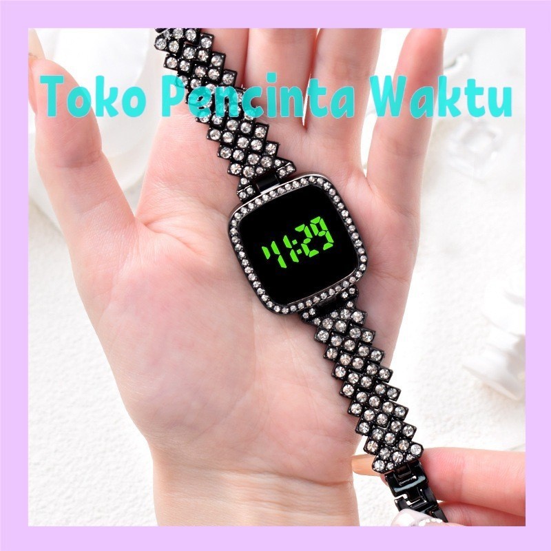 Jam Tangan LED-Digital Wanita Elegan Layar Tampilan Besar Rantai Gelang Penuh Berlian Desain Beragam