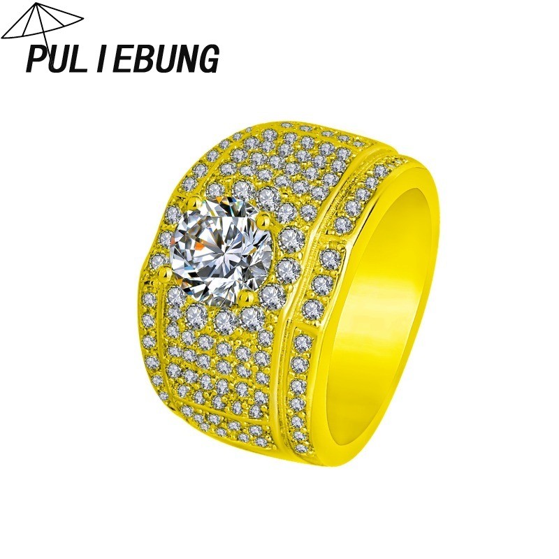 Cincin Pria Lebar Berlapis Emas Mewah Cluster Penuh Berlian