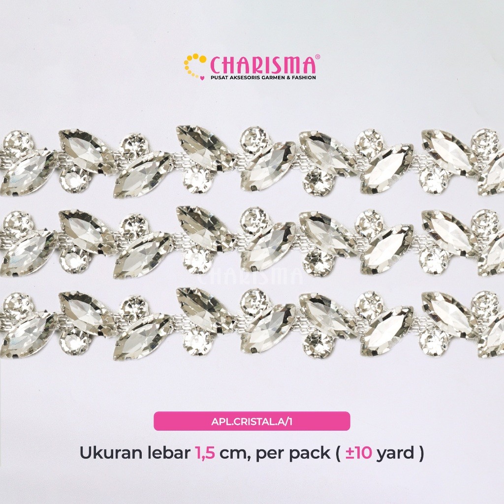 Charisma Aplikasi Crystal - Aksesoris Kristal / Payet Sillver / Lebar 1,5cm /  Harga Per Yard (90cm)