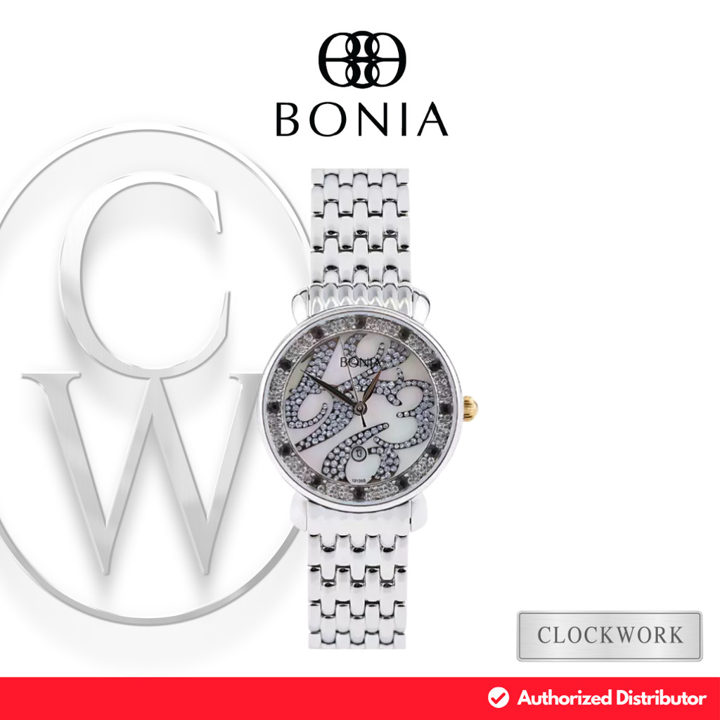 Jam Tangan Wanita Bonia BNB10135-2355S Rantai Mewah Formal Silver Dial Putih Swarovski Crystal