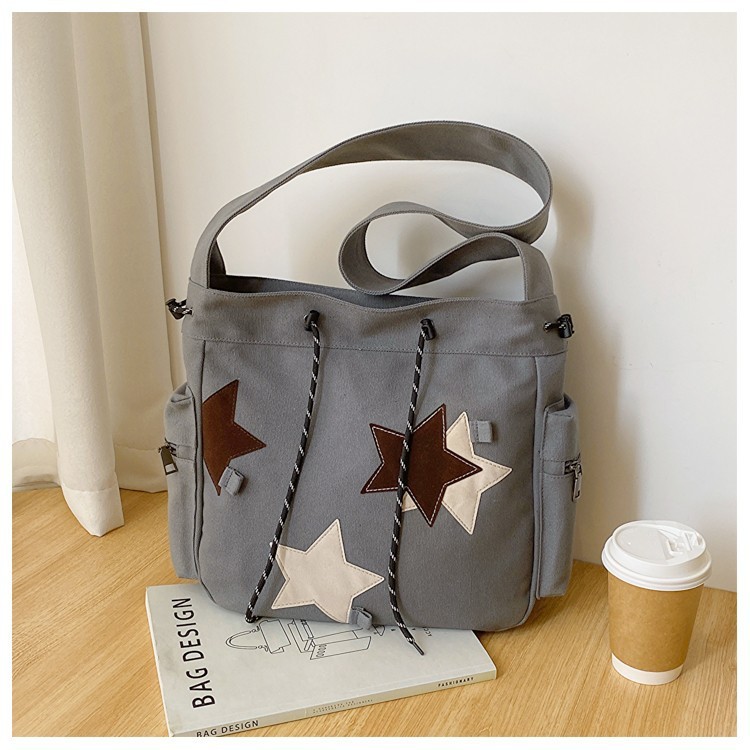 Tas kanvas wanita, bintang-bintang kasual, serbaguna, kapasitas besar, tas saku.