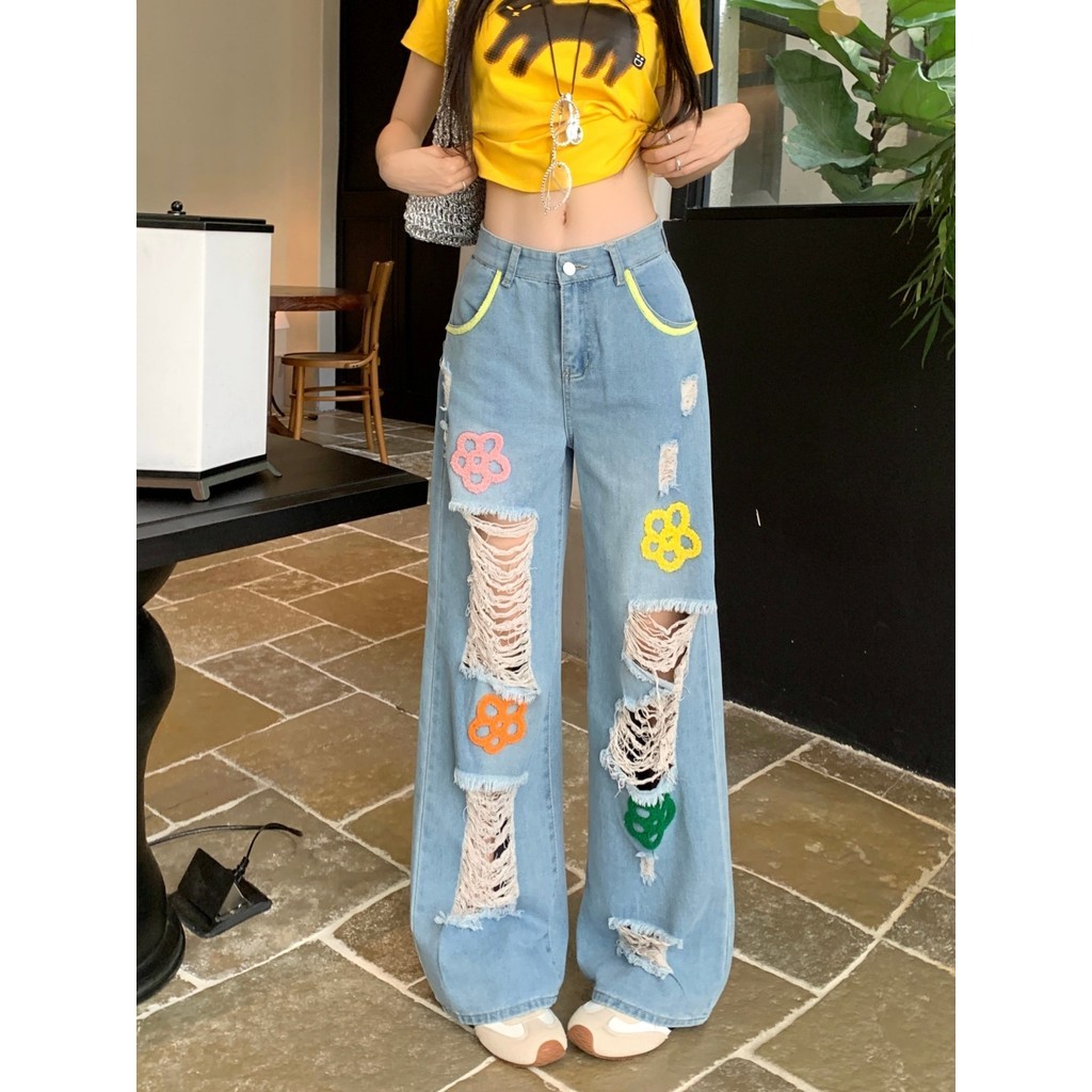 ABESTONE Celana Jeans Wanita Retro Pinggang Tinggi Sobek Bordir Bunga, Celana Panjang Longgar Lurus 