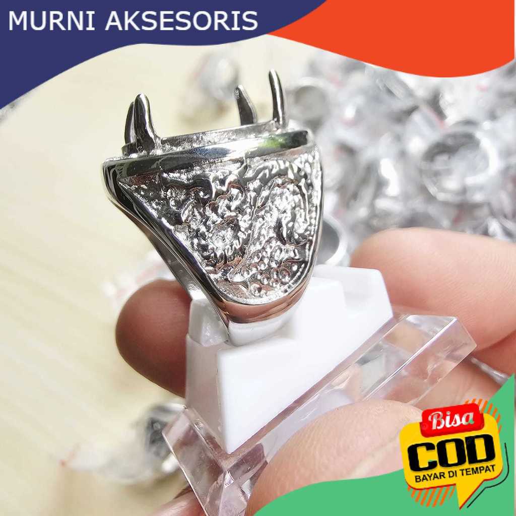 Murni Aksesoris. Emban Ring Special Motif Naga Warna Silver Tebal / Cangkang Cincin Batu Akik Motif 