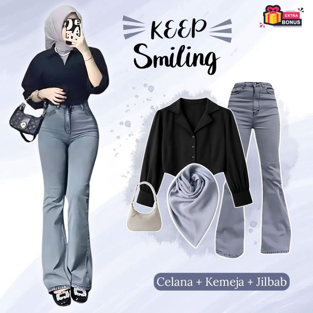 CACASTYLE One set 3in1 kemeja crop celana cutbray jeans wide leg jilbab bella square | ootd outfit o