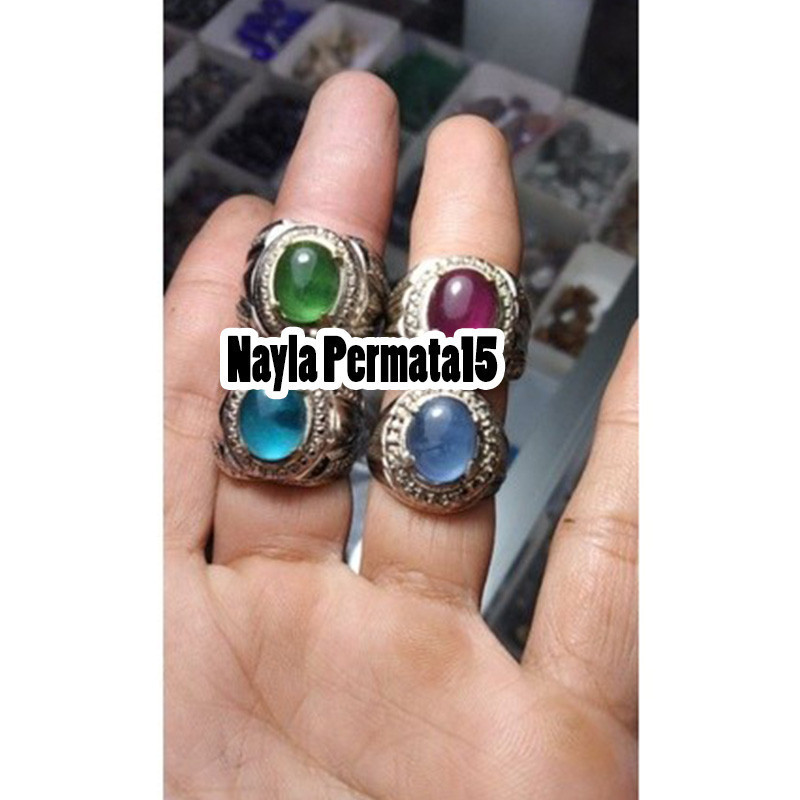 Cincin batu permata zamrud,blue topas,pink siam,dan blue safir rindu akik permata