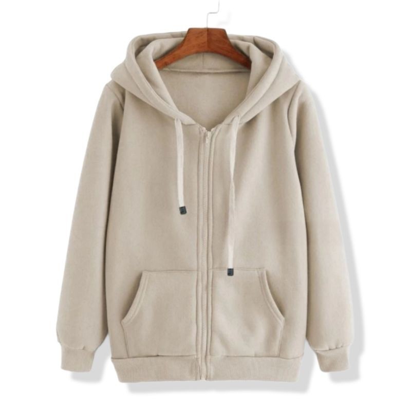 SHD_SHOP Sweater Hoodie Zipper Pria Fleece Tebal Polos Cream