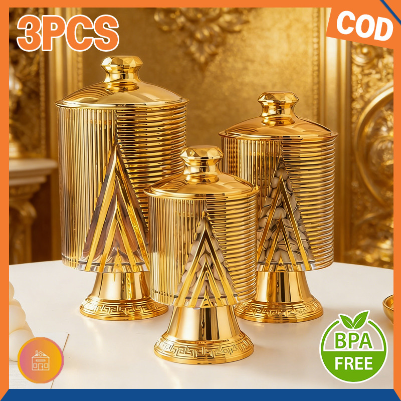 3PCS Toples Mewah Aesthetic Toples Lebaran Toples Gold Mewah Toples Gentong Set Toples Kue Lebaran S