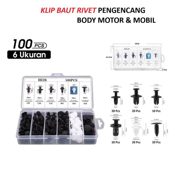 100Pcs Baut Rivet Mobil / Set Baut Rivet Mur Paku Plastik untuk Mobil Motor