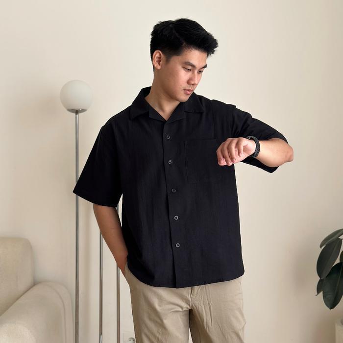 COZYCLUB CUBAN BOWLING Shirt Linen Premium | Kemeja Bowling Kerah Terbuka Lengan Pendek Baju Dark Gr
