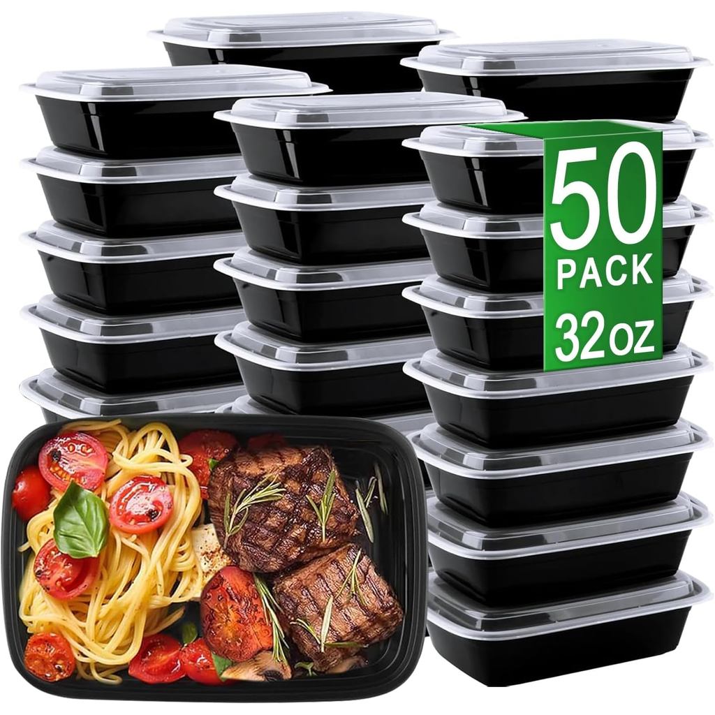 50pcs sposable Takeaway Lunch Box Tablee Black Plastic Bowl Bento Food Packaging Bento Box Leakproof