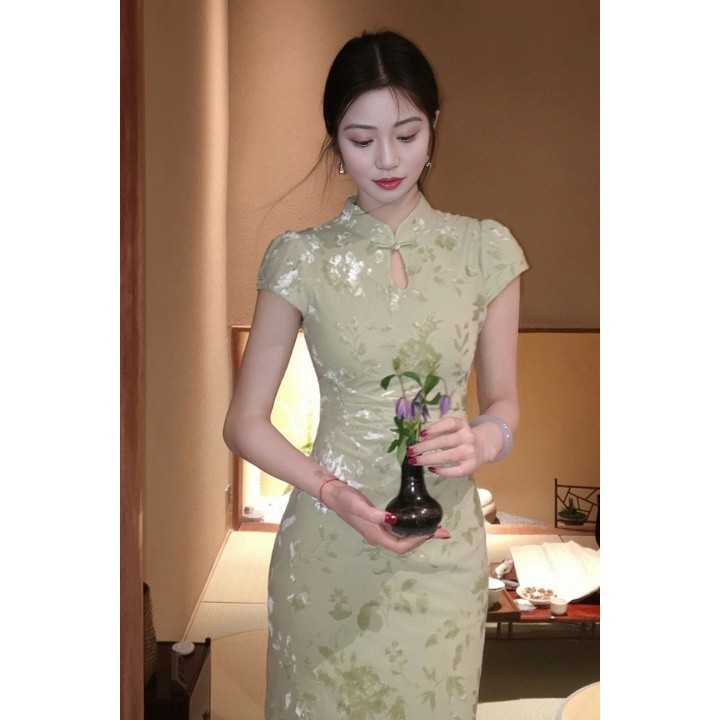 [COD]Gaun Cheongsam Hijau Muda lembut gaya Cina baru