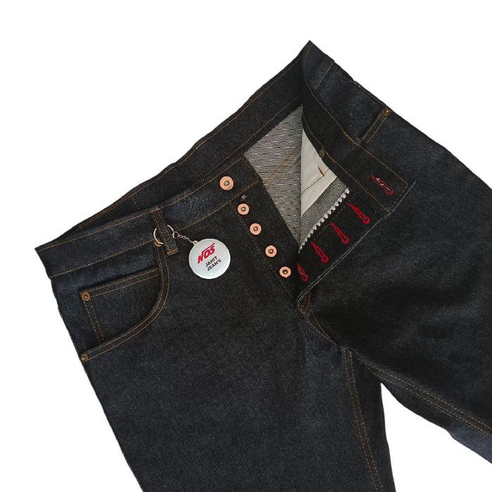 Raw denim  selvedge accent hijau V-TWO BALACK  14oz, full BUTTON FLY Celana Jeans Pria Dewasa - V-TW
