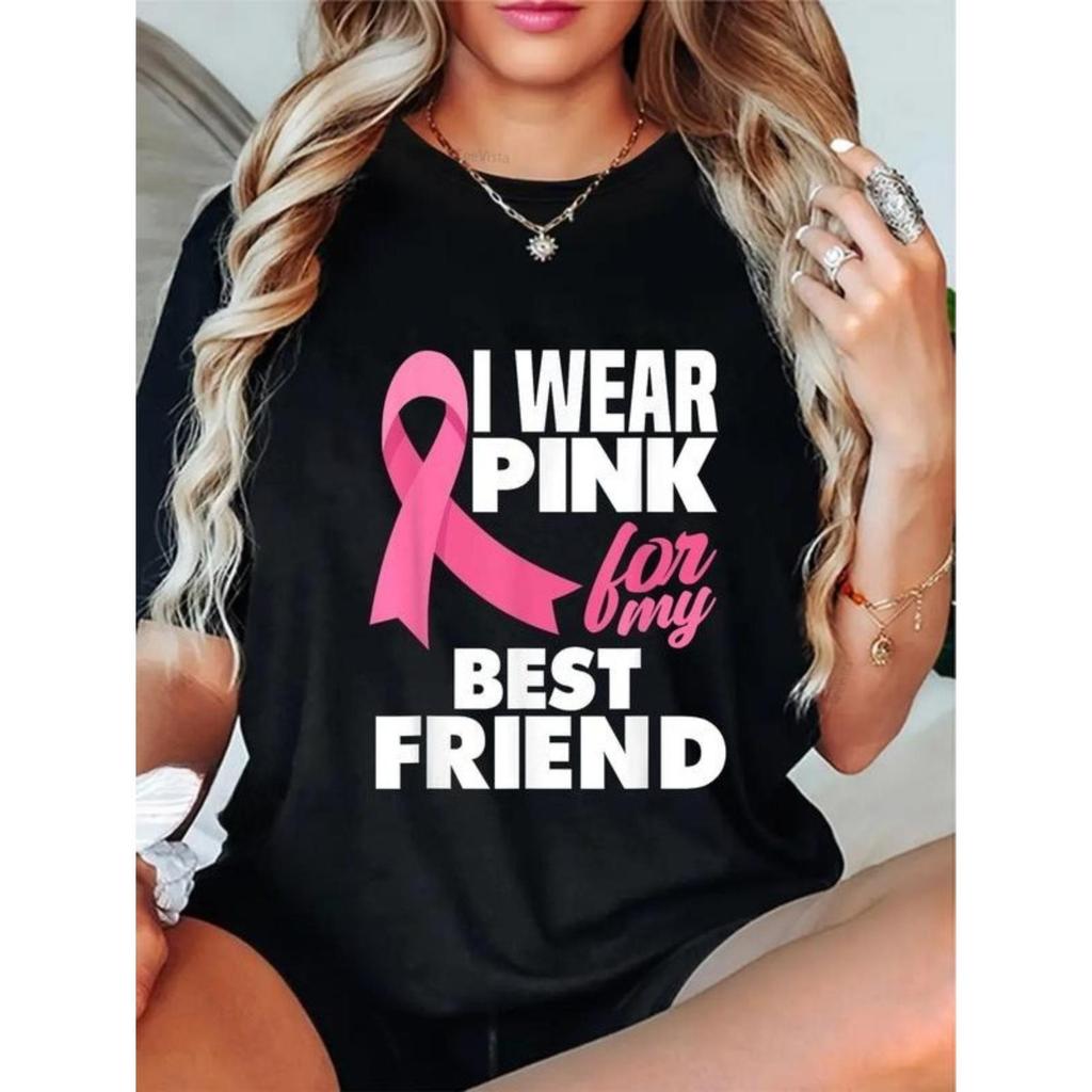 100% Cotton Unisex I Wear Pink For My Best Friend Breast Cancer Awareness T-Shirt Vingate Printed Ca