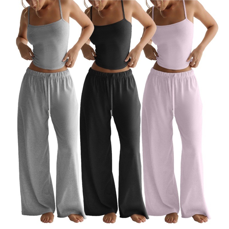 Atasan Tank Wanita Camisole Crop Top Celana Panjang Santai Set Celana Lebar