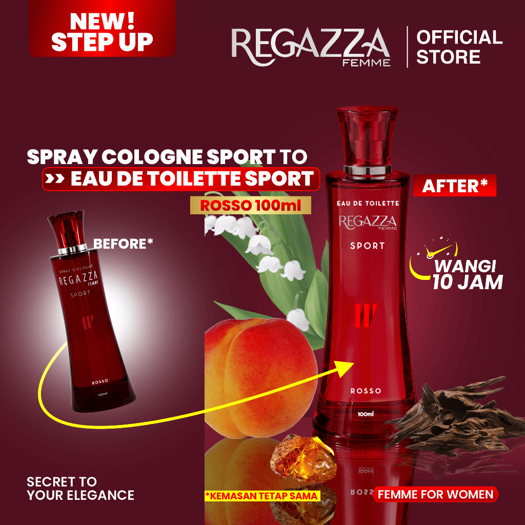 Regazza Femme Eau De Toilette (EDT) Sport Rosso 100ml Parfum Wanita Tahan Lama dan Wangi