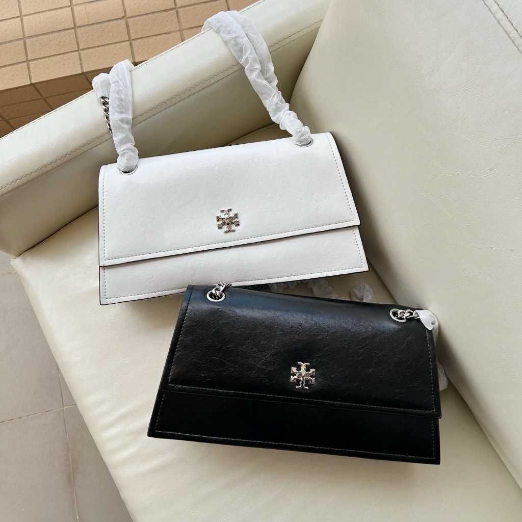 Tory Burch Kira Tas Baguette Kulit Lilin, Tas Rantai, Tas Selempang Bahu TB