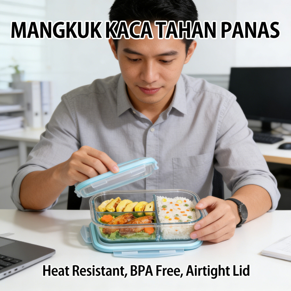 Kaca Tahan Panas MANGKUK, Aman Oven, Bebas BPA, Mudah Dibersihkan, Freezer & Kotak Makan | Penyimpan