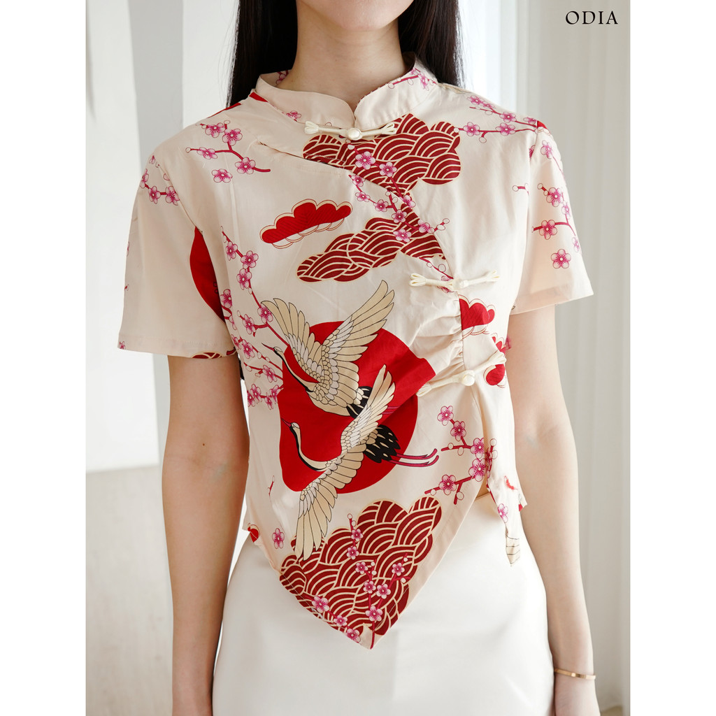 Evercloth Odia Baju Cheongsam Imlek Blouse Qipao Sincia Atasan Batik Blouse Batik Modern Wanita Cheo