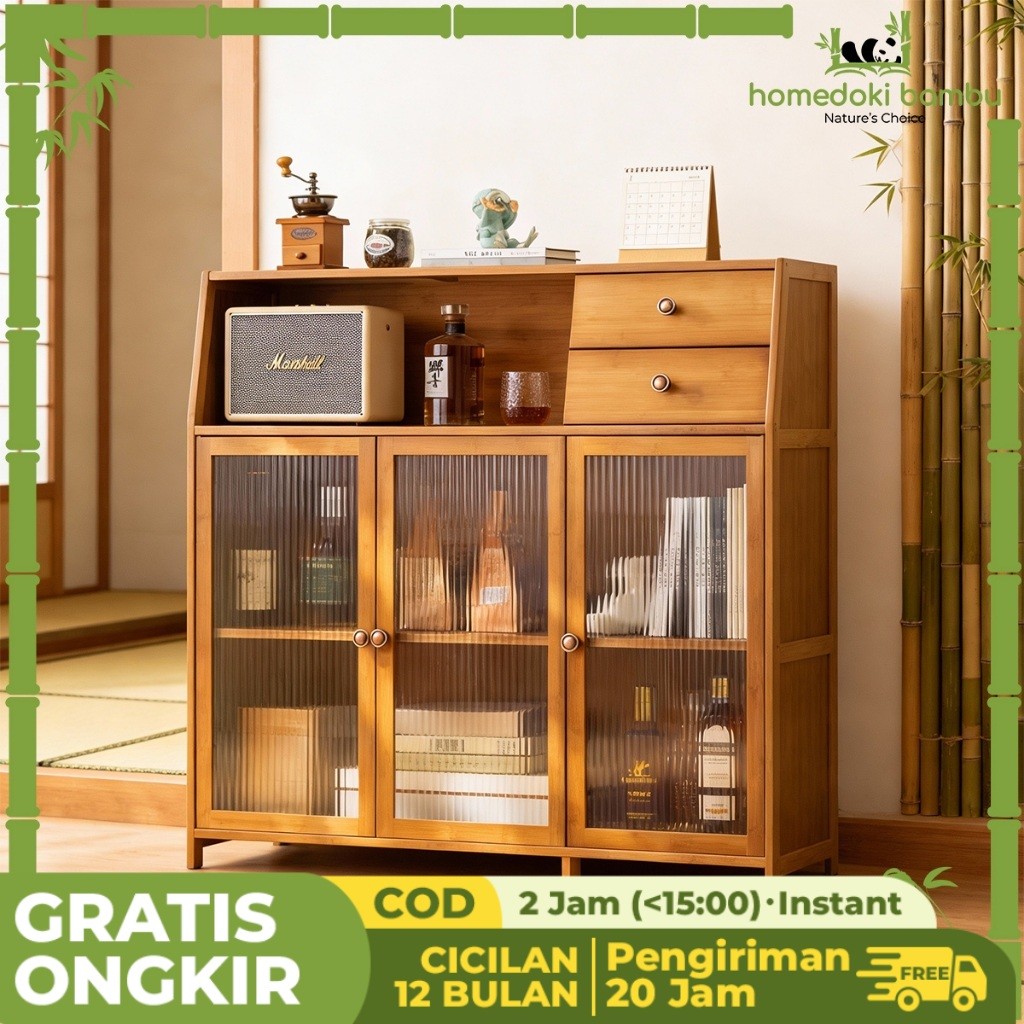 Homedoki Bambu-Lemari Kabinet Kayu Minimalis/Lemari Dapur Bufet/Rak Piring Tertutup/Rak Dapur