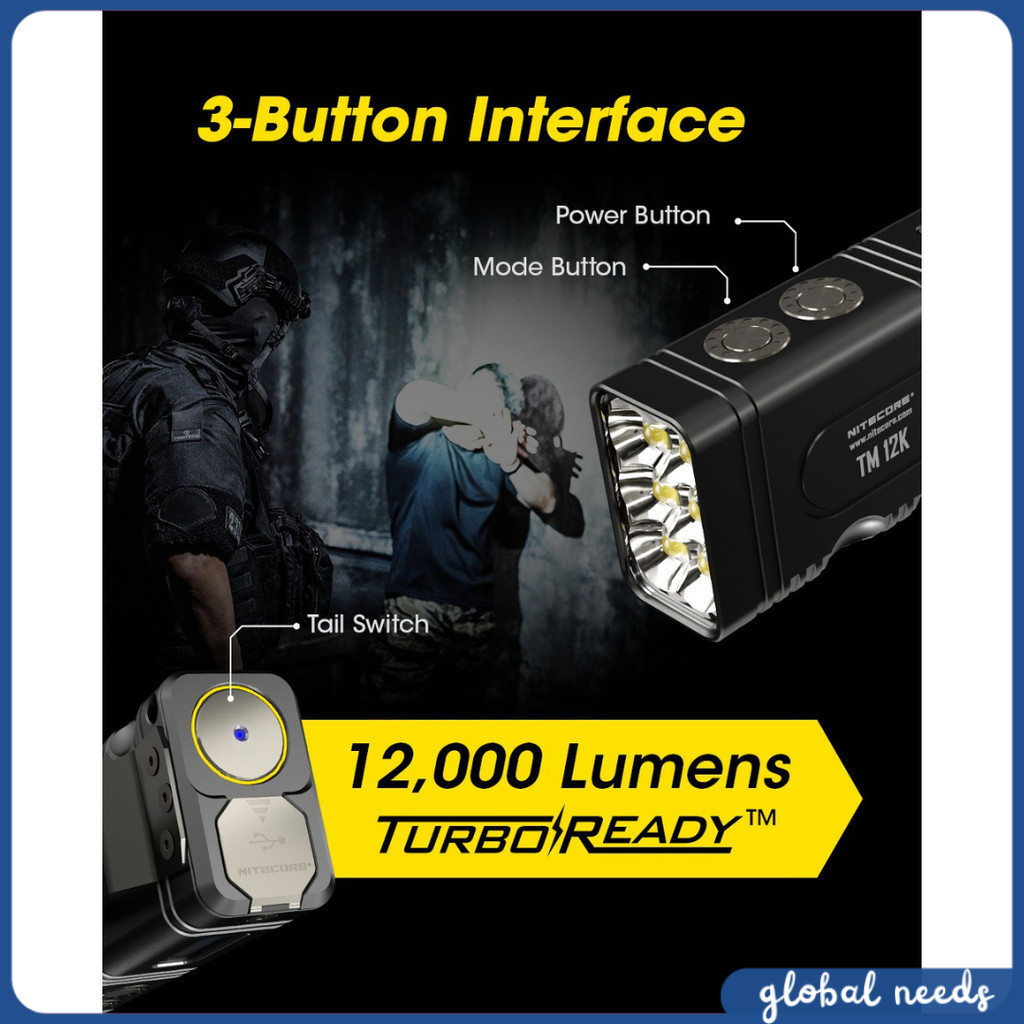 NITECORE Senter LED Flashlight OLED Display Rechargeable 12000 Lumens - TM12K