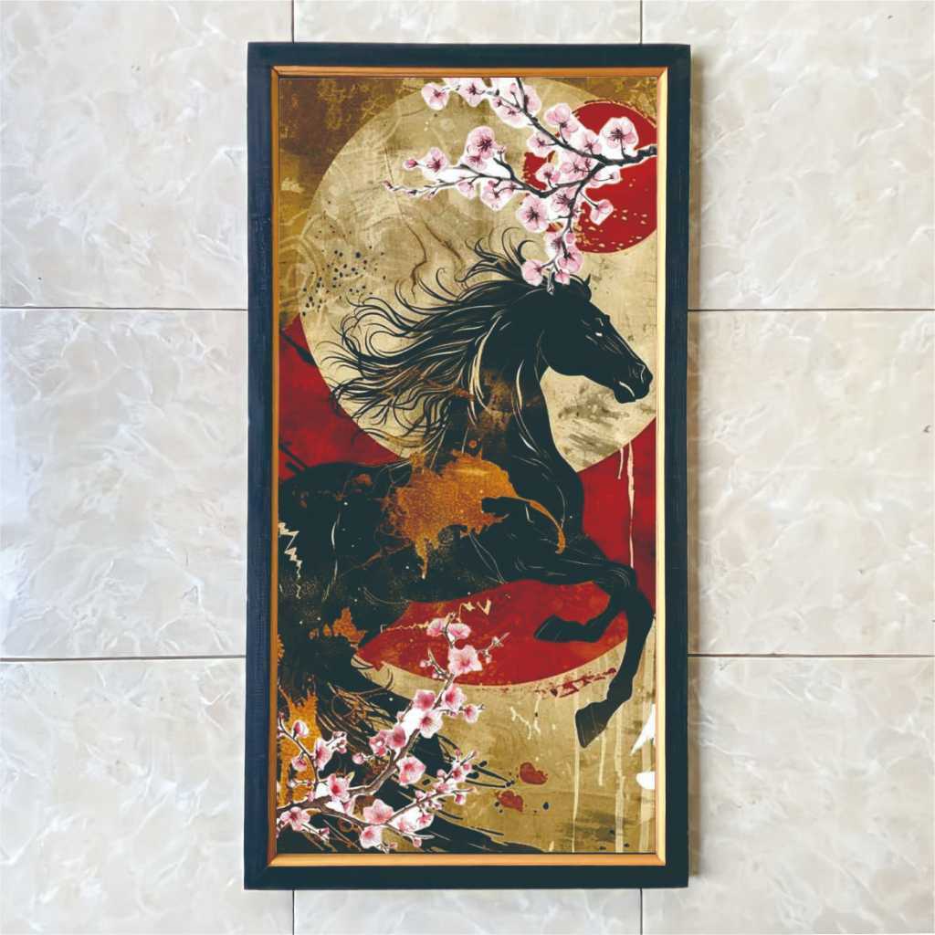Hiasan Dinding Lukisan Kuda Hitam Dan Bunga Sakura Dengan Bingkai HitamGold