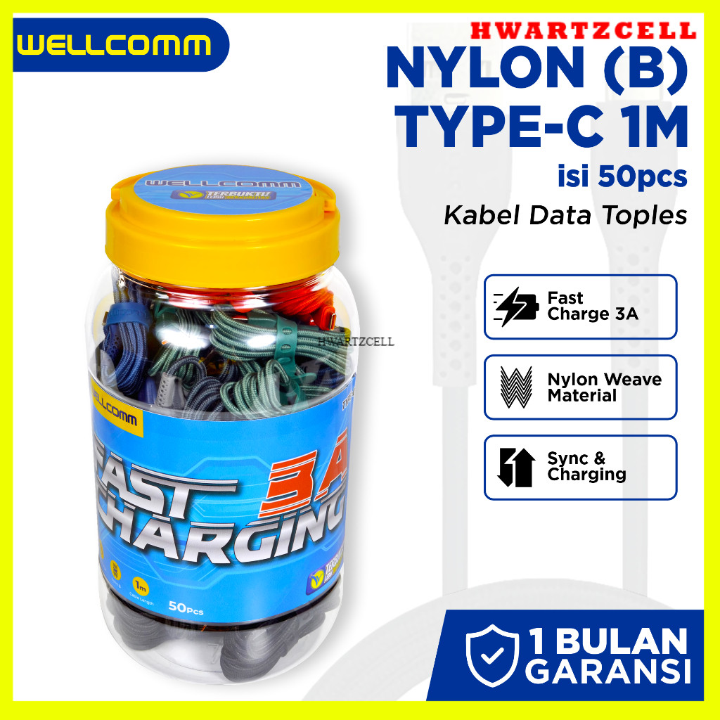 [HWARTZ] Wellcomm Kabel Data Nylon USB Type C 1M Fast Charge 3A (Toples) Isi 50 Pcs Seri B