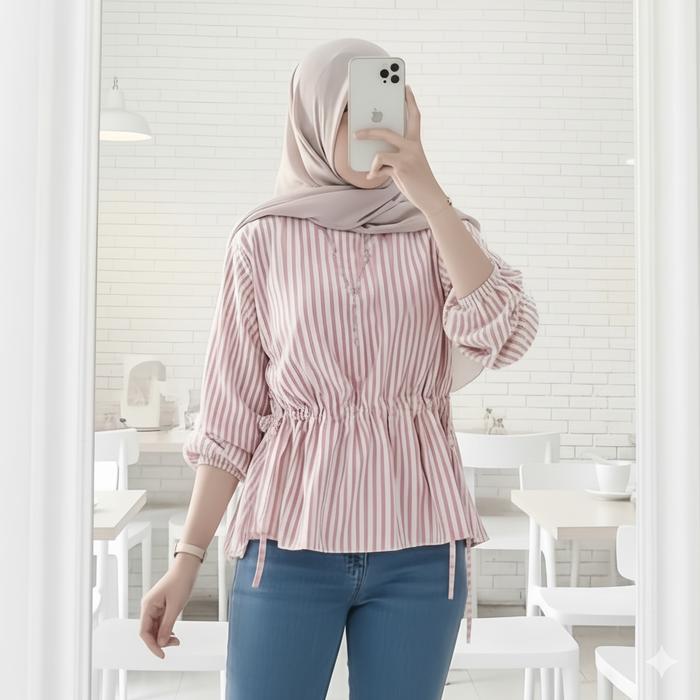 [READY] Nowela Blouse Serut Salur Lengan Panjang Katun Blouse Wanita Lengan Panjang Baju Unik - Soft