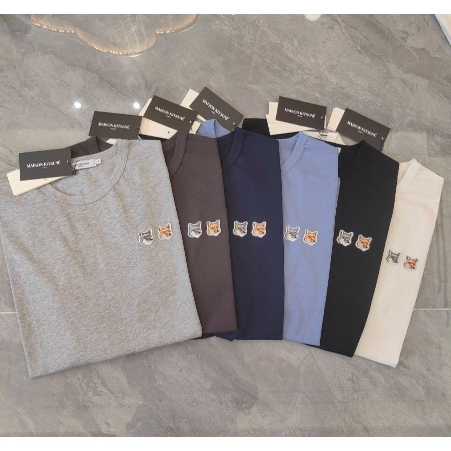 8802# Kaos Maison Kitsune Double Fox Head Sederhana dan serbaguna katun lengan pendek unisex