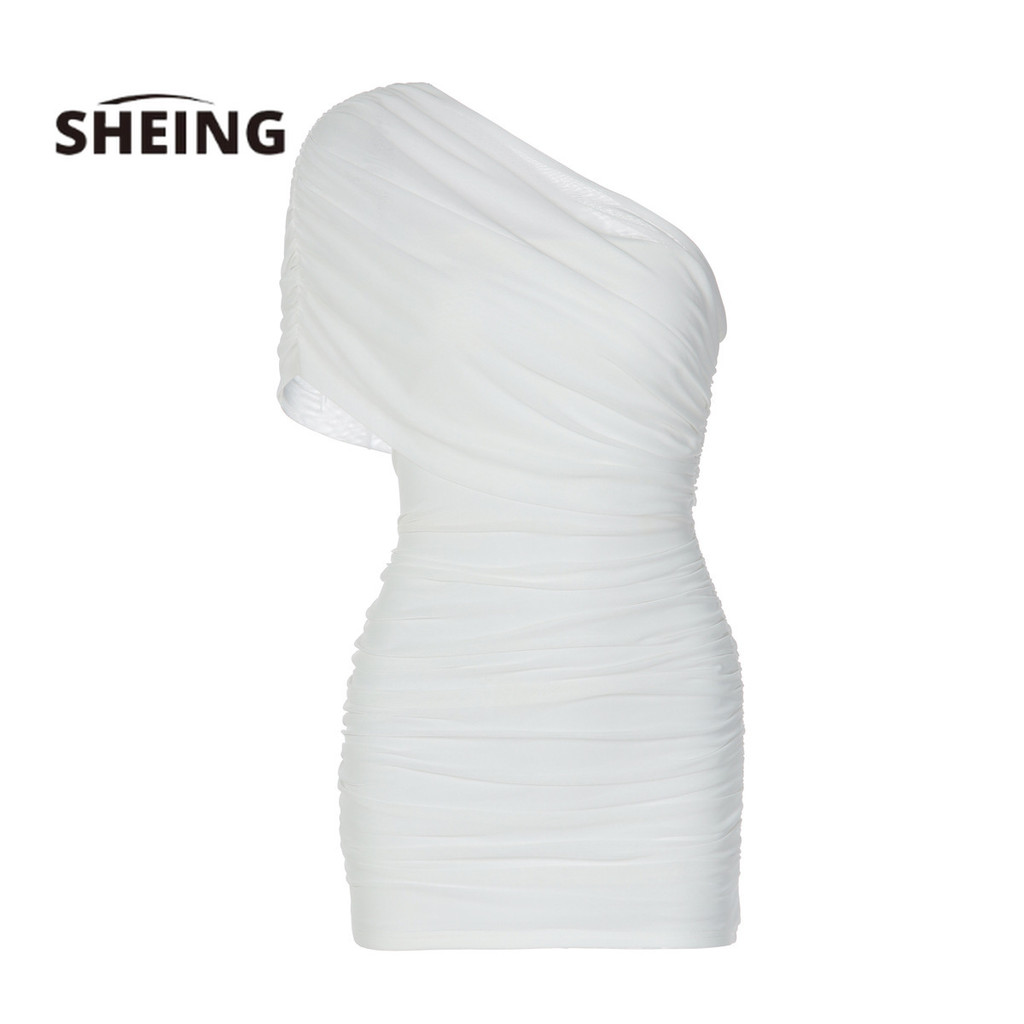 SHEING Musim Panas Eropa Dan Amerika Tren Seksi Warna Solid Miring Bahu Lipit Mesh Dress Grosir