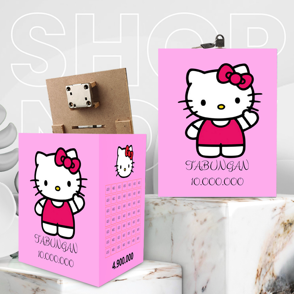 Celengan Karakter Hello Kitty Lucu Unik Target 10 Juta 20 Juta 30 Juta Kotak Tabungan MDF 15x20 cm