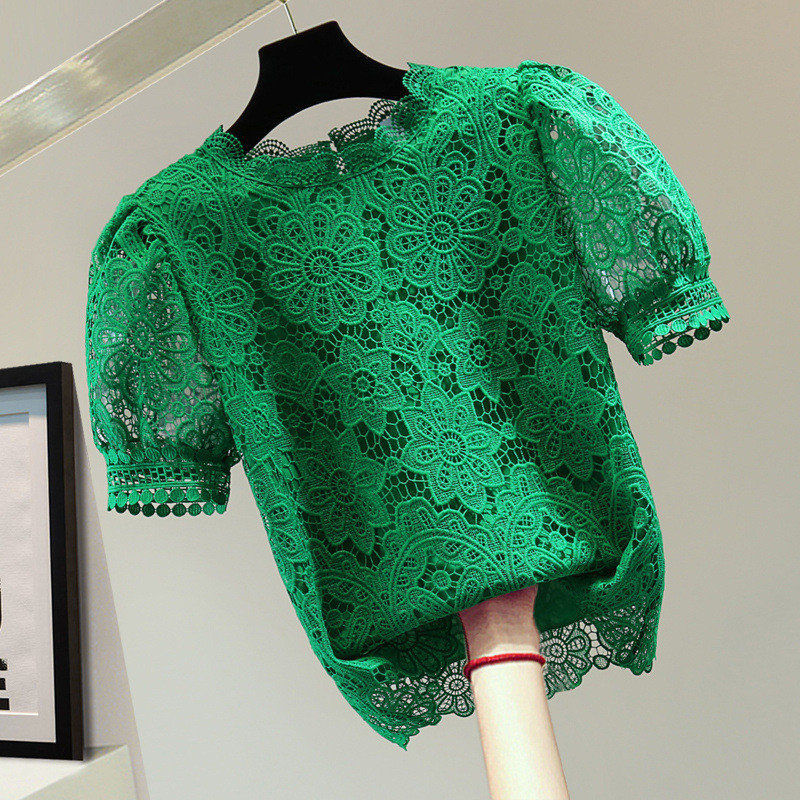 Blus Wanita Musim Panas Gaya Korea Lengan Pendek Longgar dengan Lengan Puff dan Renda