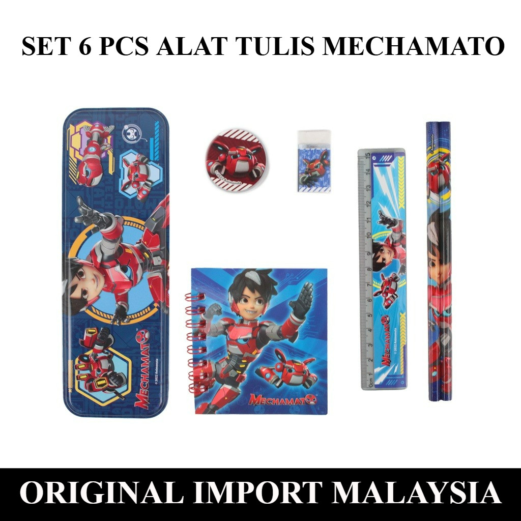 alat tulis kotak tempat pensil pena penggaris Mechamato Children 7 in 1 School Stationery Box Set - 