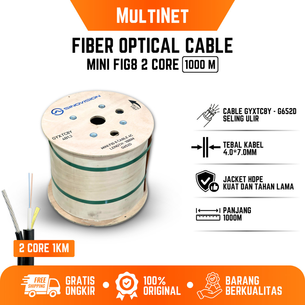 Kabel Mini Fig 8 Kabel Fiber Optic Sinovision FTTH 2 Core 1000 Meter