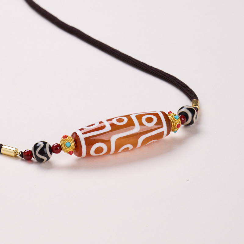 Kalung manik-manik dzi sembilan mata batu akik Tibet, rantai sweter manik-manik Tibet serbaguna retr